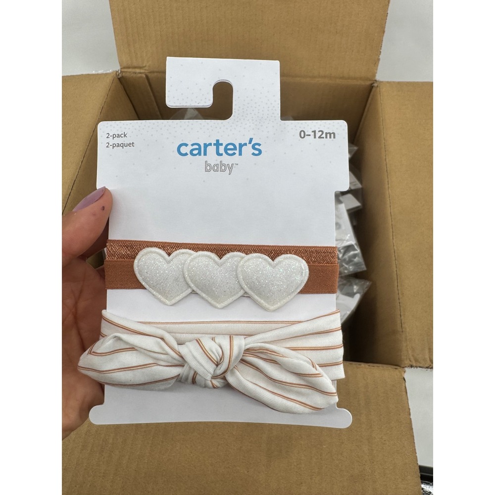 Carters Baby 2 Pack Headbands 0-12M Glitter Hearts Copper Stripe White NWT
